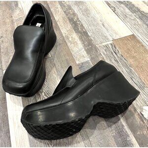 Steve Madden Wedge Platform Leather Loafers Size 9 Black Chunky Y2K 90s